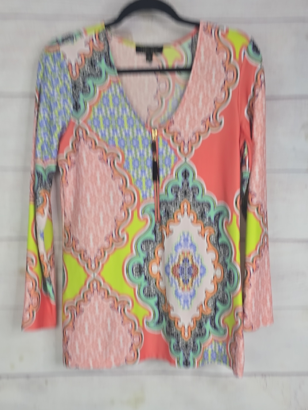 Melissa Paige Coral, Lime & Turquoise Medallion Damask Long-Sleeve Top Sz Sm